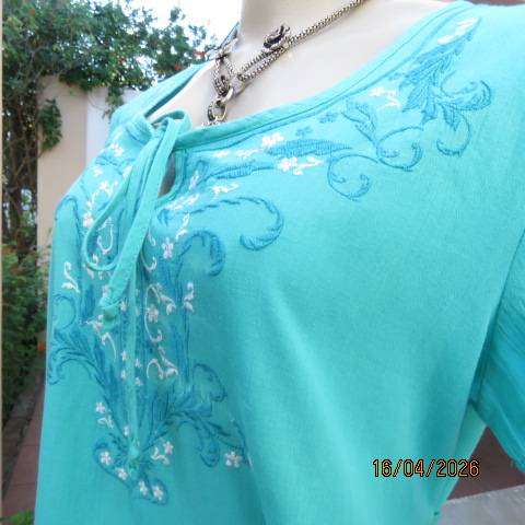 Aqua teal cotton slip-over long top with front embroidery, size 42