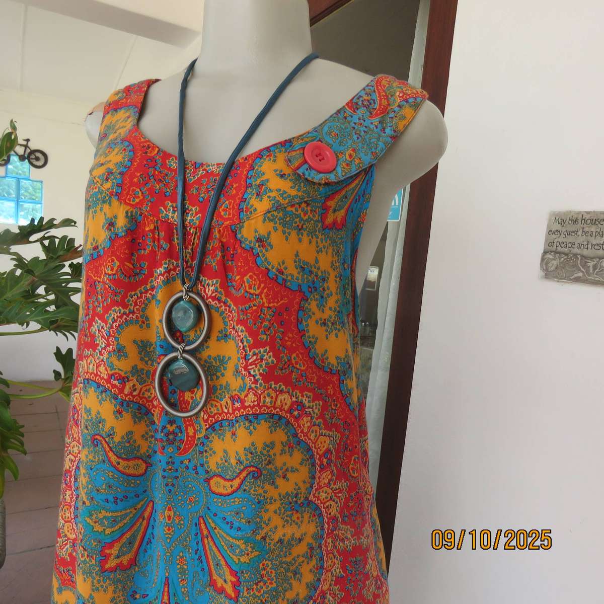 Baroque print jade-blue-crimson and orange long sleeveless top size 38-40