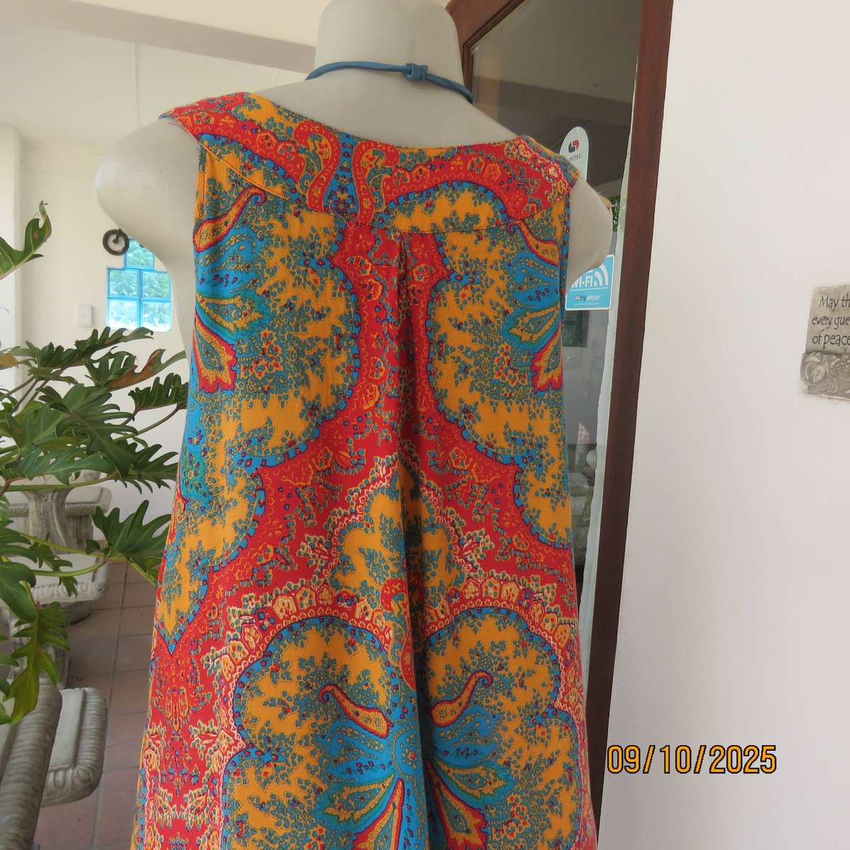 Baroque print jade-blue-crimson and orange long sleeveless top size 38-40