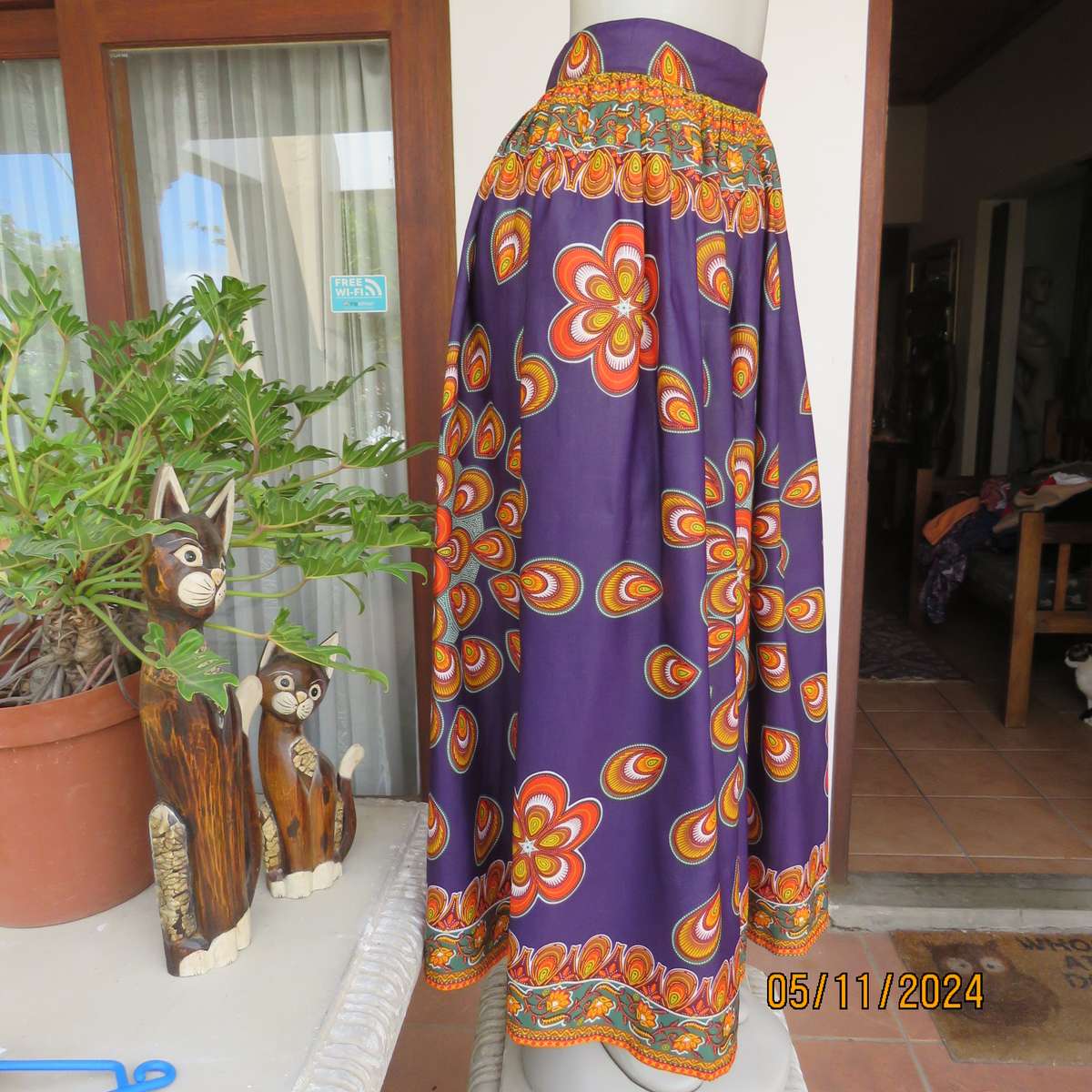 Dramatic purple wide gathered ankle length skirt with Bo-Ho orange-green patterns,Size 42.As new