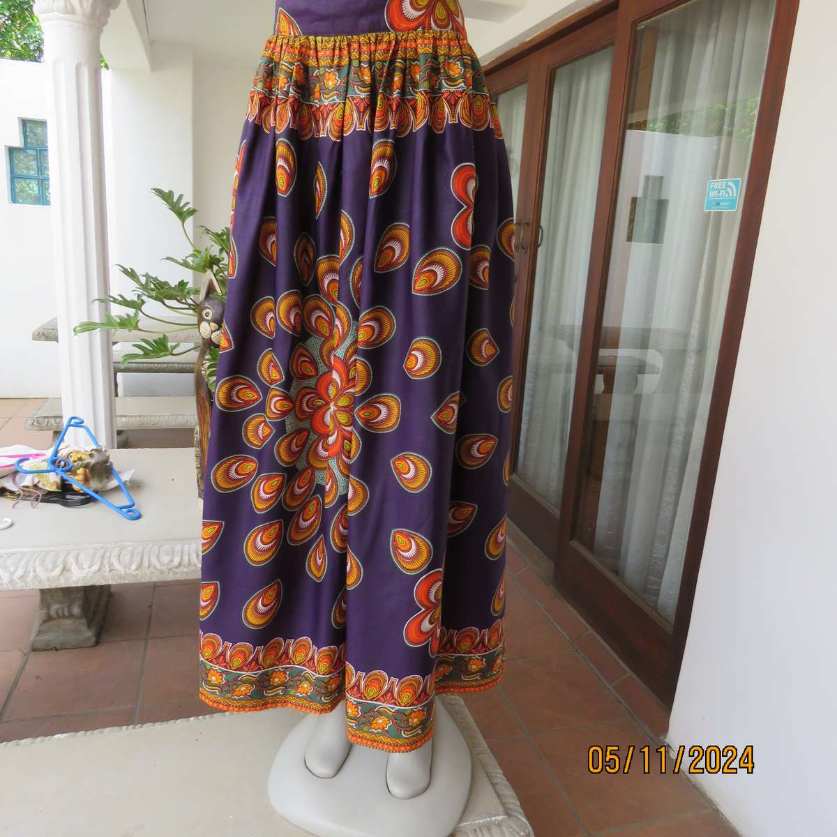Dramatic purple wide gathered ankle length skirt with Bo-Ho orange-green patterns,Size 42.As new