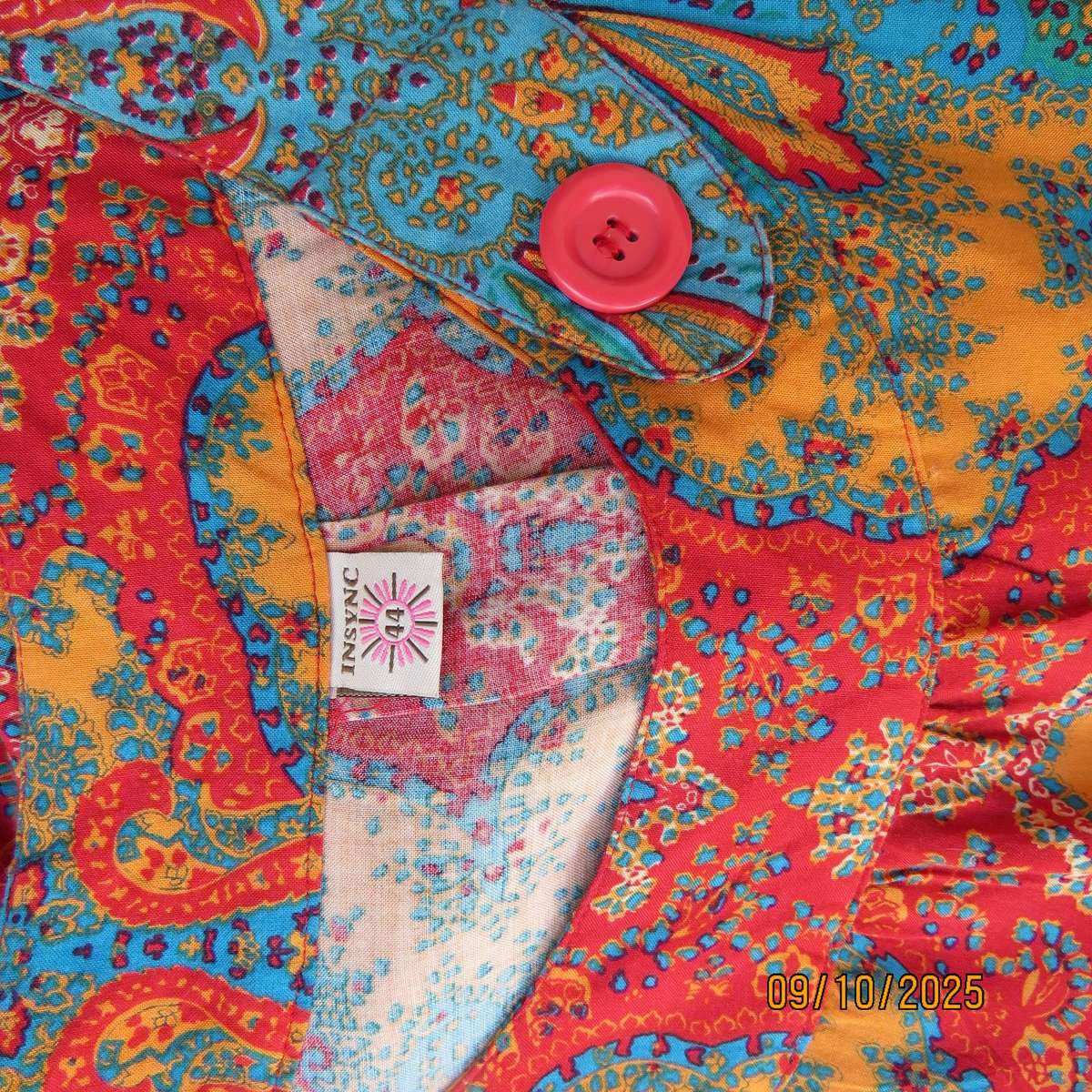 Baroque print jade-blue-crimson and orange long sleeveless top size 38-40