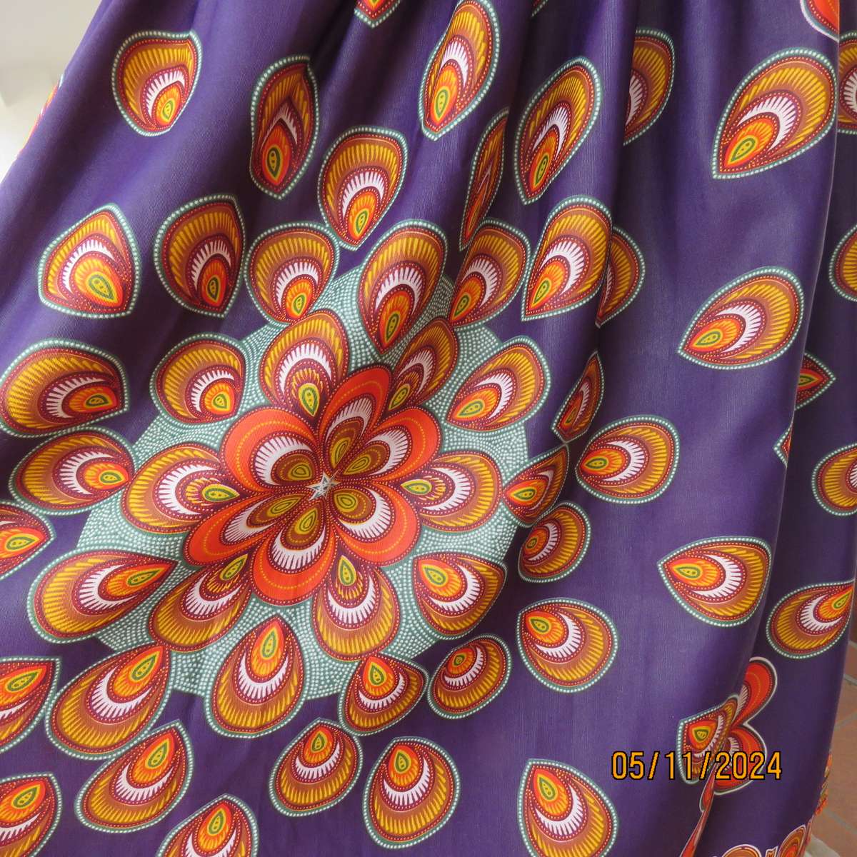 Dramatic purple wide gathered ankle length skirt with Bo-Ho orange-green patterns,Size 42.As new