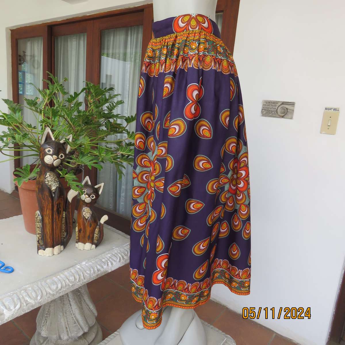 Dramatic purple wide gathered ankle length skirt with Bo-Ho orange-green patterns,Size 42.As new