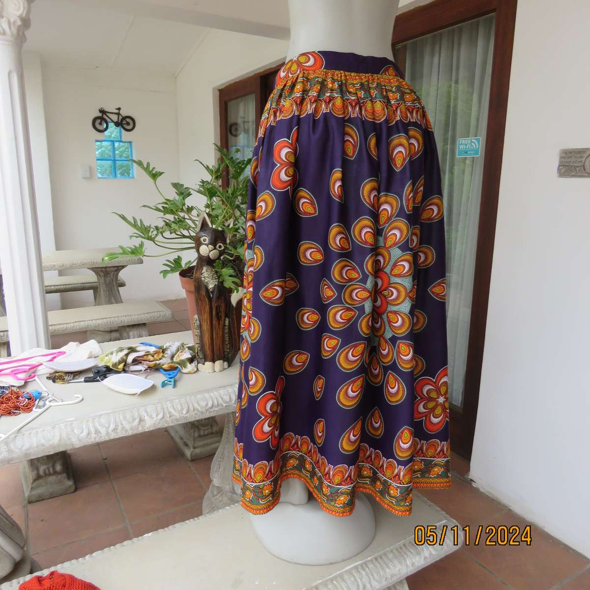 Dramatic purple wide gathered ankle length skirt with Bo-Ho orange-green patterns,Size 42.As new