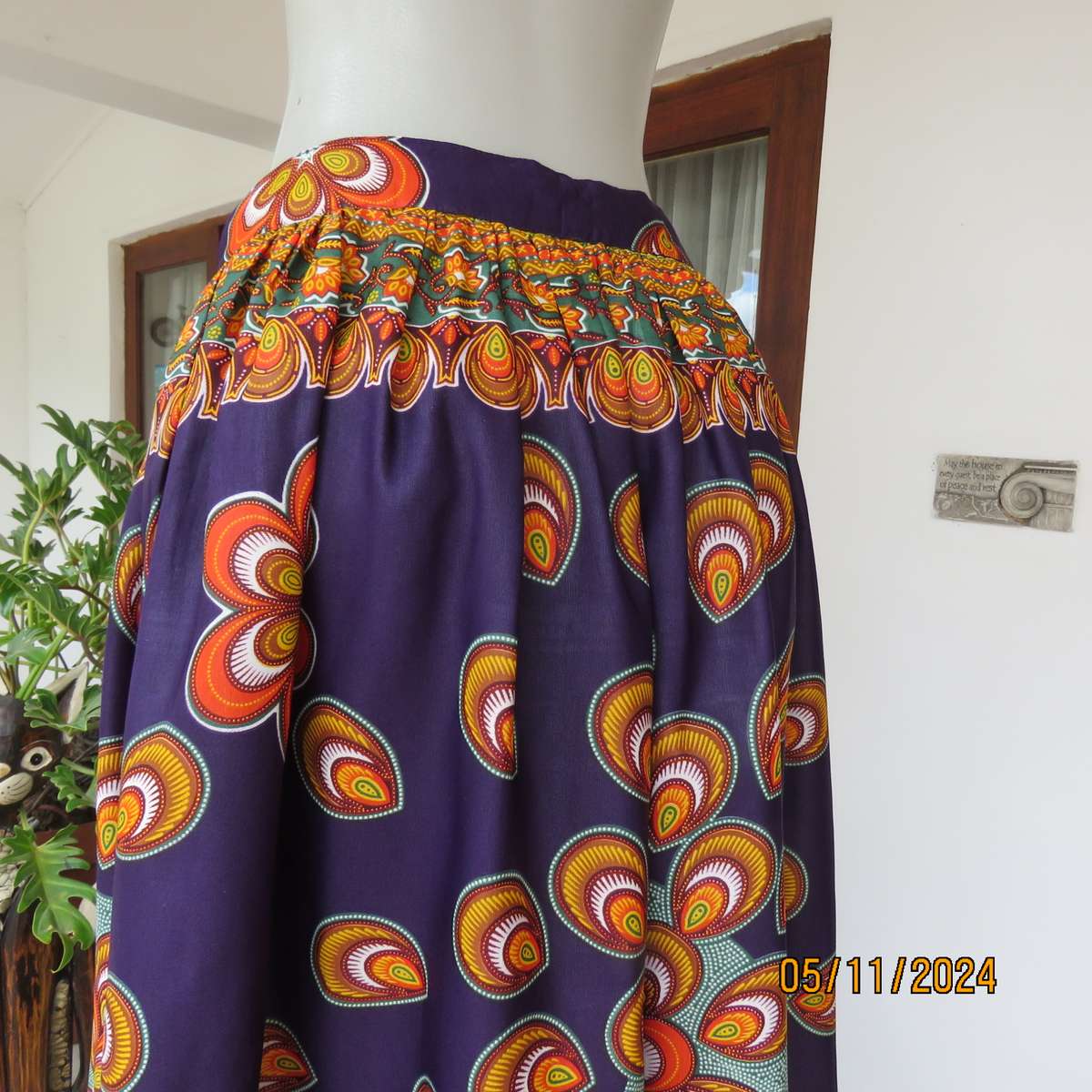 Dramatic purple wide gathered ankle length skirt with Bo-Ho orange-green patterns,Size 42.As new