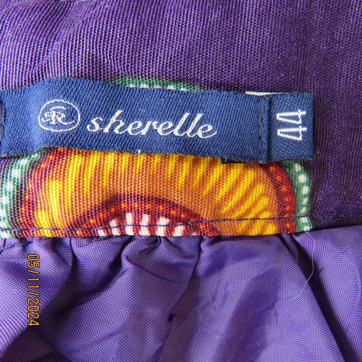 Dramatic purple wide gathered ankle length skirt with Bo-Ho orange-green patterns,Size 42.As new