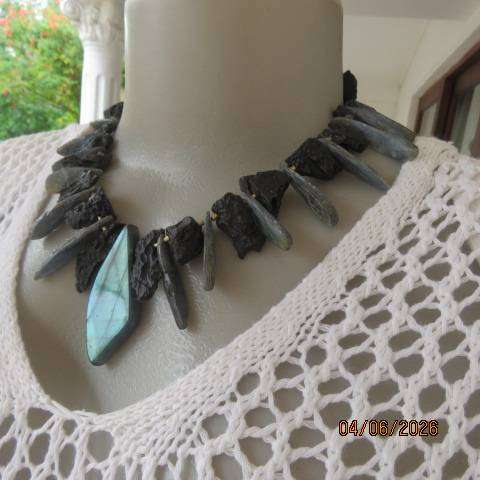 Raw gemstone statement necklace with green labradorite, grey kyanite & black tourmaline
