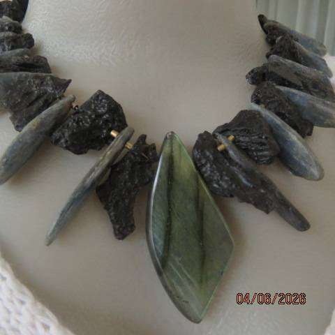 Raw gemstone statement necklace with green labradorite, grey kyanite & black tourmaline