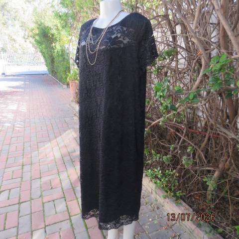 Daniel Hechter black stretch acrylic lace lined shift dress see-through yoke tiny sleeves size 44-46