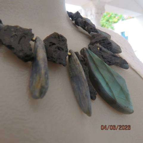 Raw gemstone statement necklace with green labradorite, grey kyanite & black tourmaline