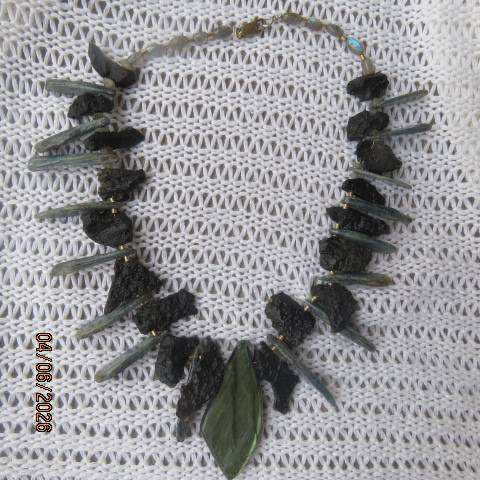 Raw gemstone statement necklace with green labradorite, grey kyanite & black tourmaline
