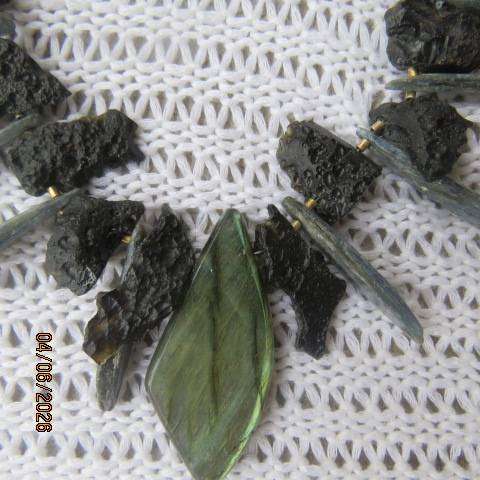 Raw gemstone statement necklace with green labradorite, grey kyanite & black tourmaline