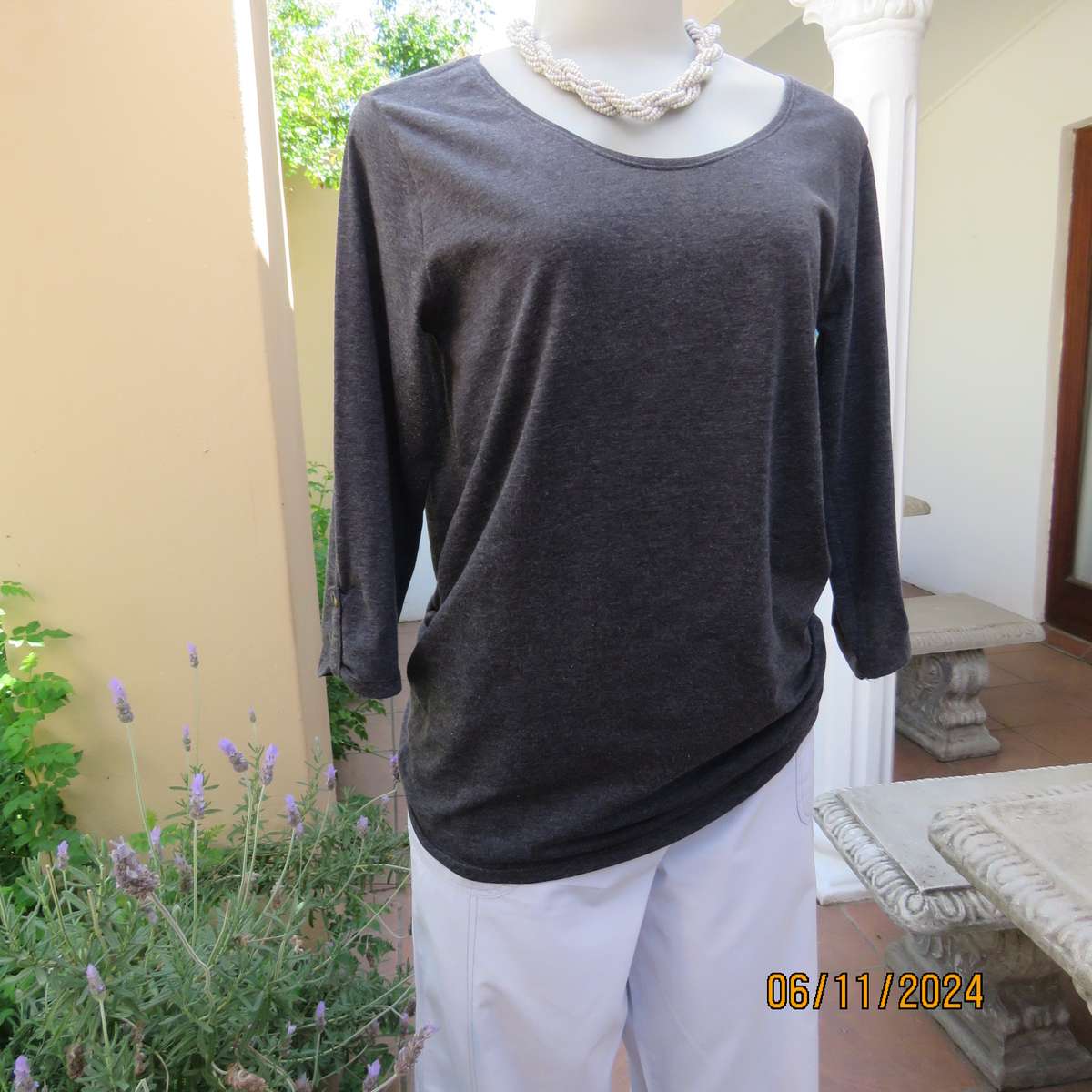 Mottled grey polycotton stretch top size 36-38. Bracelet length sleeves.