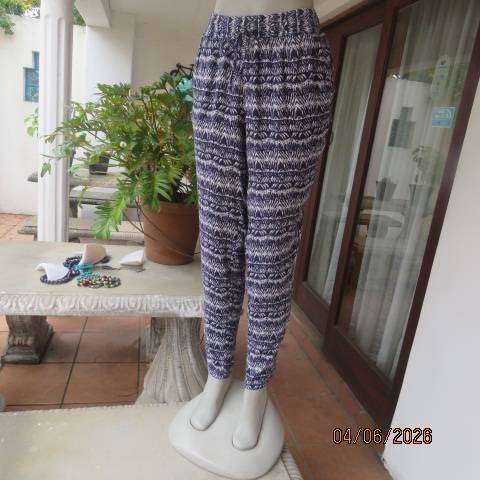 Navy and white viscose casual pants with wide elasticated waist and side pockets, size 38