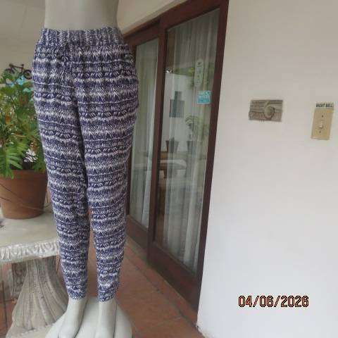Navy and white viscose casual pants with wide elasticated waist and side pockets, size 38