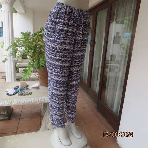 Navy and white viscose casual pants with wide elasticated waist and side pockets, size 38