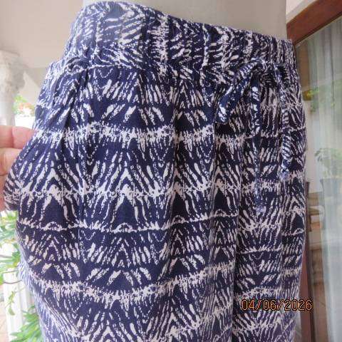 Navy and white viscose casual pants with wide elasticated waist and side pockets, size 38
