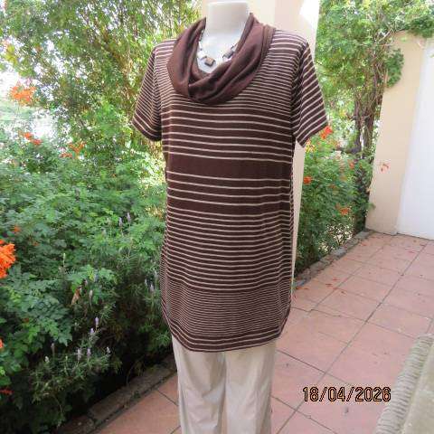 Chocolate brown with cream horizontal stripe short sleeve long top with cowl neck - Size 40