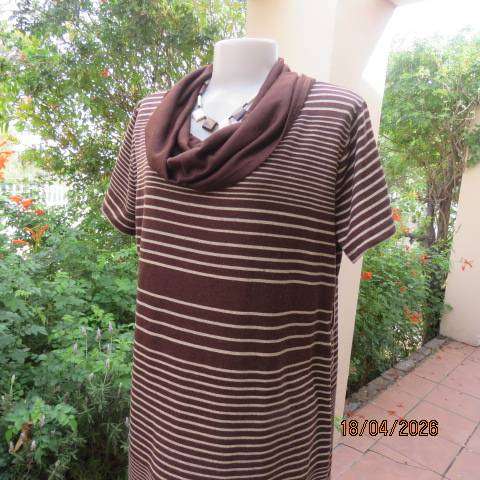 Chocolate brown with cream horizontal stripe short sleeve long top with cowl neck - Size 40