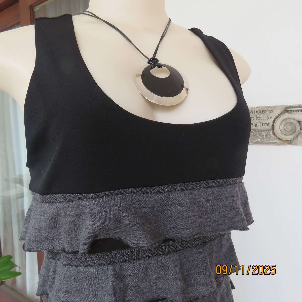 OASIS black stretch poly-rayon slip over sleeveless dress with grey ruffles. Size 36