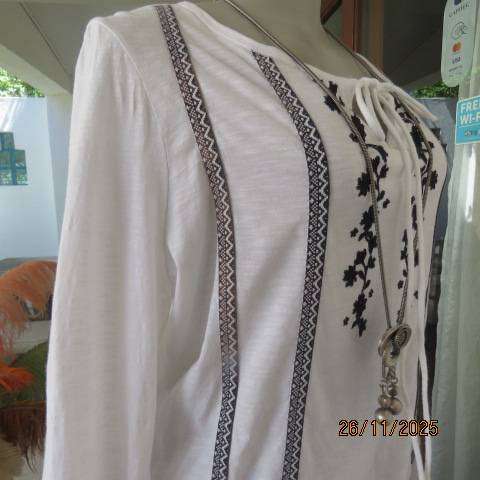 WOOLWORTHS white cotton slip over long sleeve top with black embroidery. Size 42