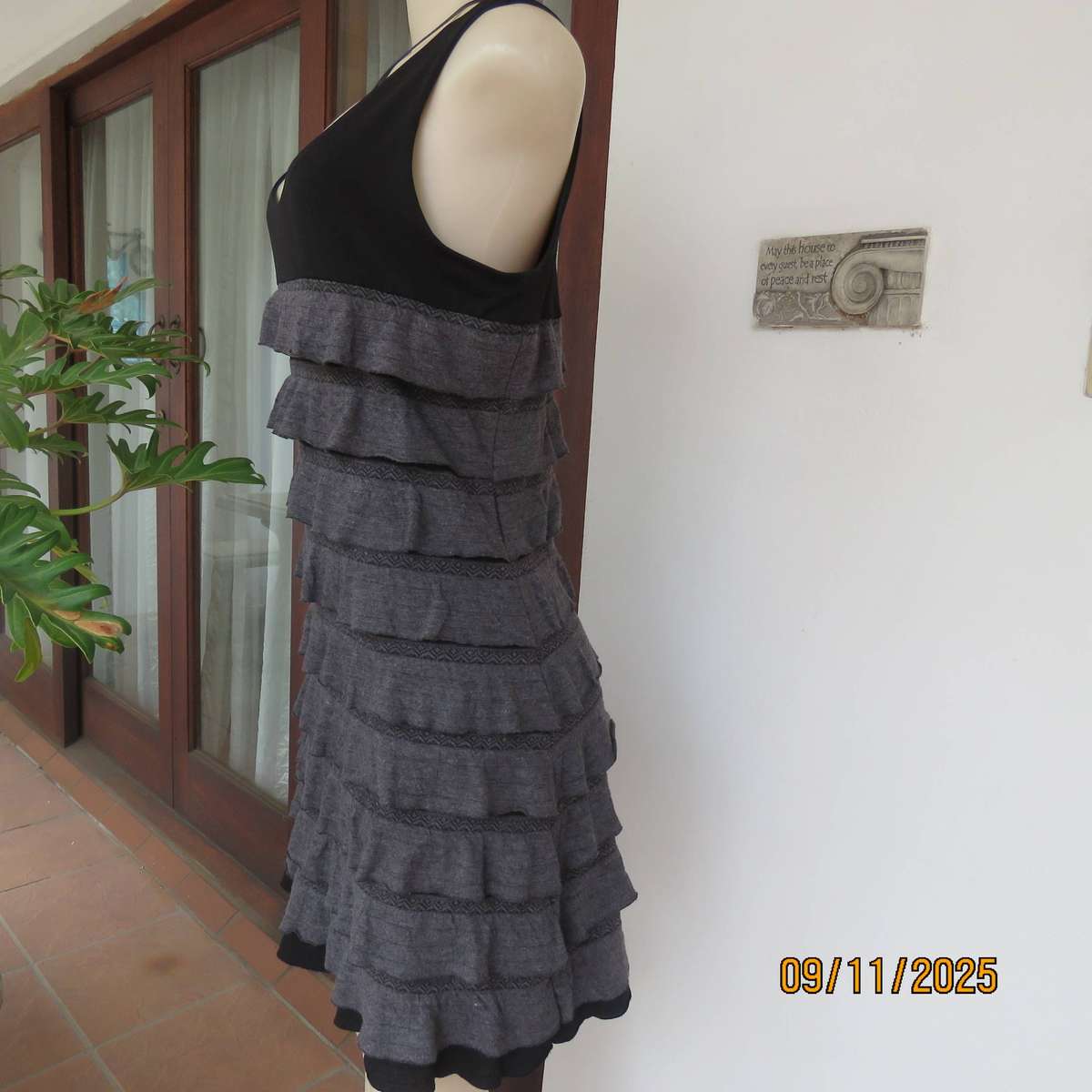OASIS black stretch poly-rayon slip over sleeveless dress with grey ruffles. Size 36