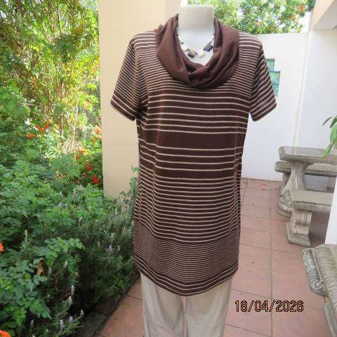 Chocolate brown with cream horizontal stripe short sleeve long top with cowl neck - Size 40