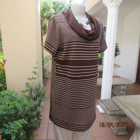 Chocolate brown with cream horizontal stripe short sleeve long top with cowl neck - Size 40