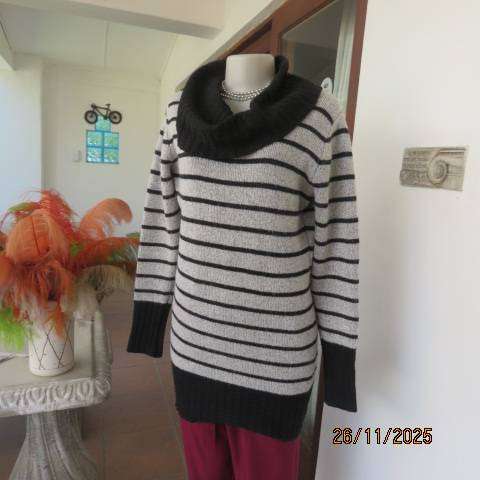 TRUWORTHS silvergrey double knit long poloneck jumper with black horizontal stripes. Size 38