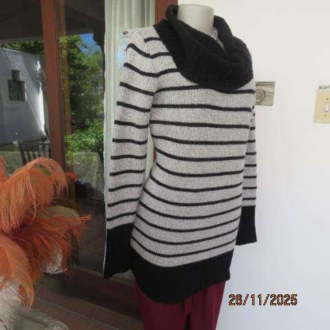 TRUWORTHS silvergrey double knit long poloneck jumper with black horizontal stripes. Size 38