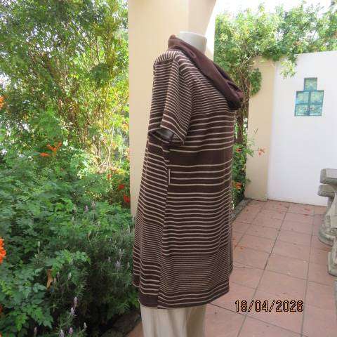Chocolate brown with cream horizontal stripe short sleeve long top with cowl neck - Size 40