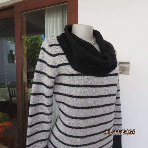 TRUWORTHS silvergrey double knit long poloneck jumper with black horizontal stripes. Size 38