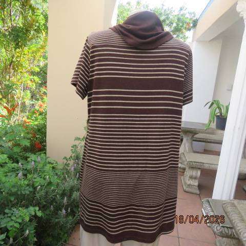 Chocolate brown with cream horizontal stripe short sleeve long top with cowl neck - Size 40