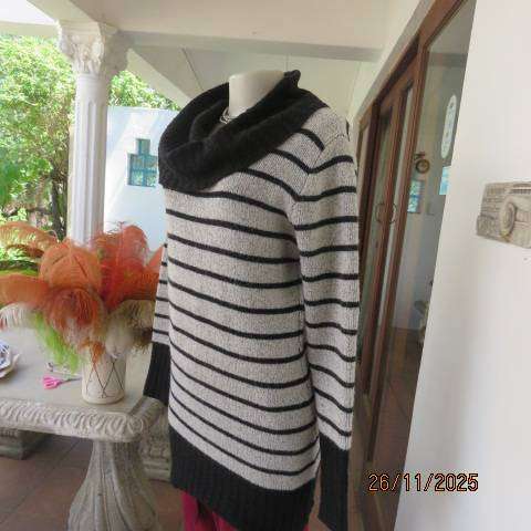 TRUWORTHS silvergrey double knit long poloneck jumper with black horizontal stripes. Size 38