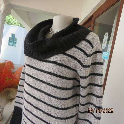 TRUWORTHS silvergrey double knit long poloneck jumper with black horizontal stripes. Size 38