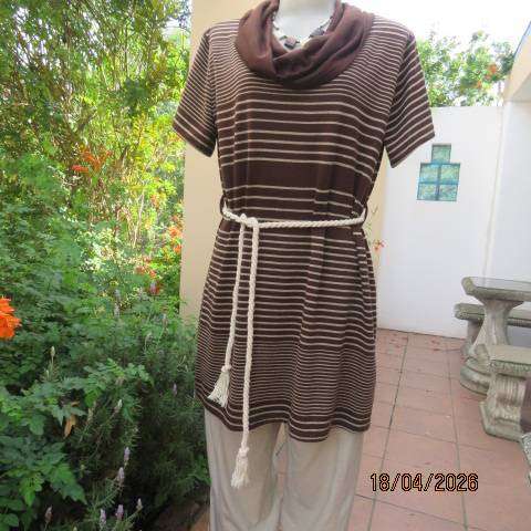 Chocolate brown with cream horizontal stripe short sleeve long top with cowl neck - Size 40