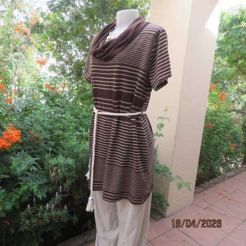 Chocolate brown with cream horizontal stripe short sleeve long top with cowl neck - Size 40