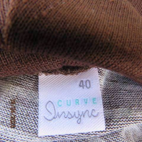 Chocolate brown with cream horizontal stripe short sleeve long top with cowl neck - Size 40