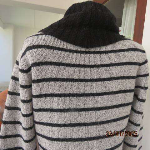 TRUWORTHS silvergrey double knit long poloneck jumper with black horizontal stripes. Size 38