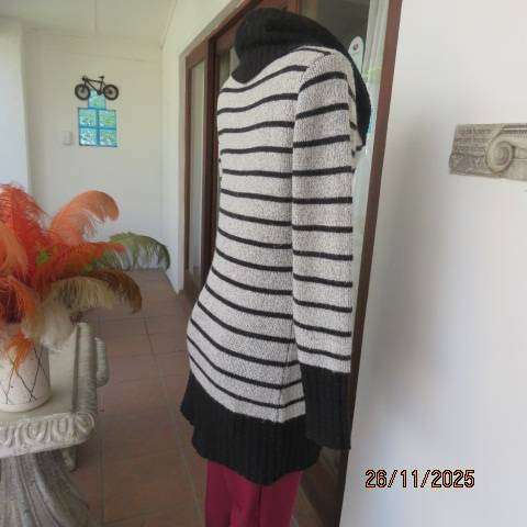 TRUWORTHS silvergrey double knit long poloneck jumper with black horizontal stripes. Size 38