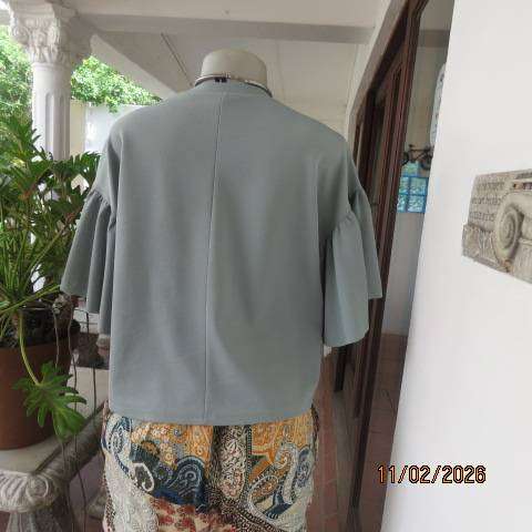 FIX pistachio green slip over textured stretch polyester top. Flare gathered short sleeves. Size 36