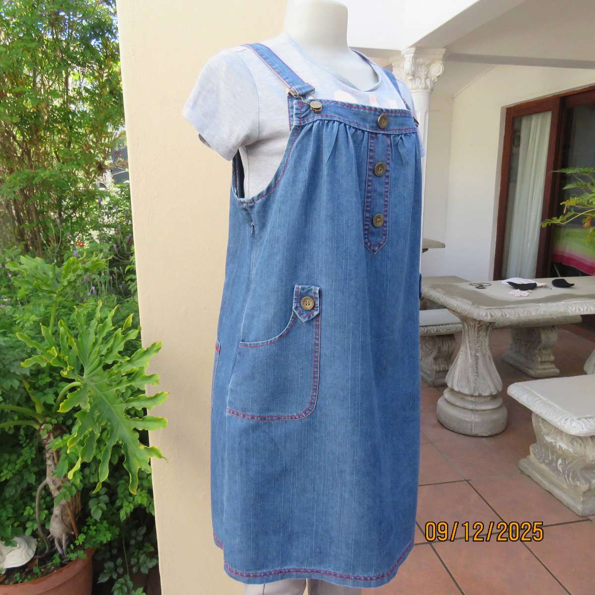 Blue denim pinafore style long top-short dress. Polycotton. Size 38.