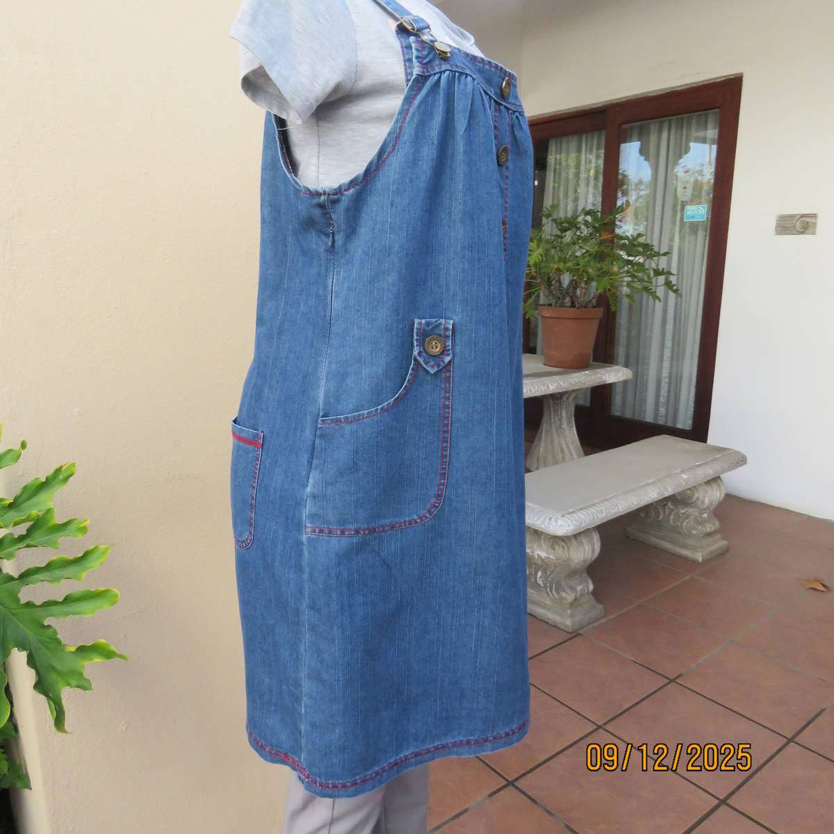 Blue denim pinafore style long top-short dress. Polycotton. Size 38.