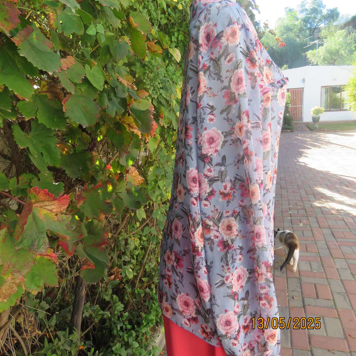 Steel blue slightly creased sheer polyester long sleeve top. Crimson flowers. Size 44