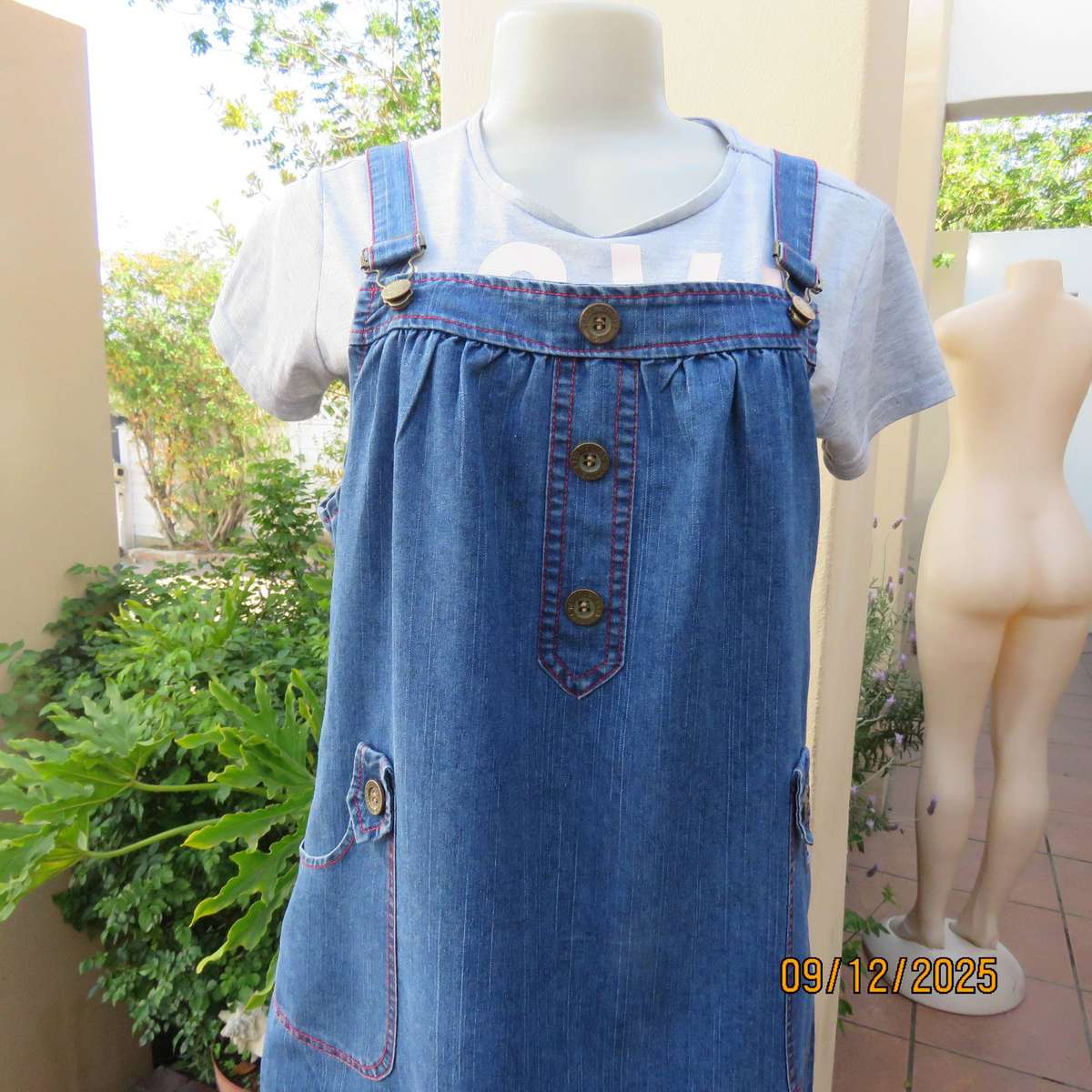 Blue denim pinafore style long top-short dress. Polycotton. Size 38.
