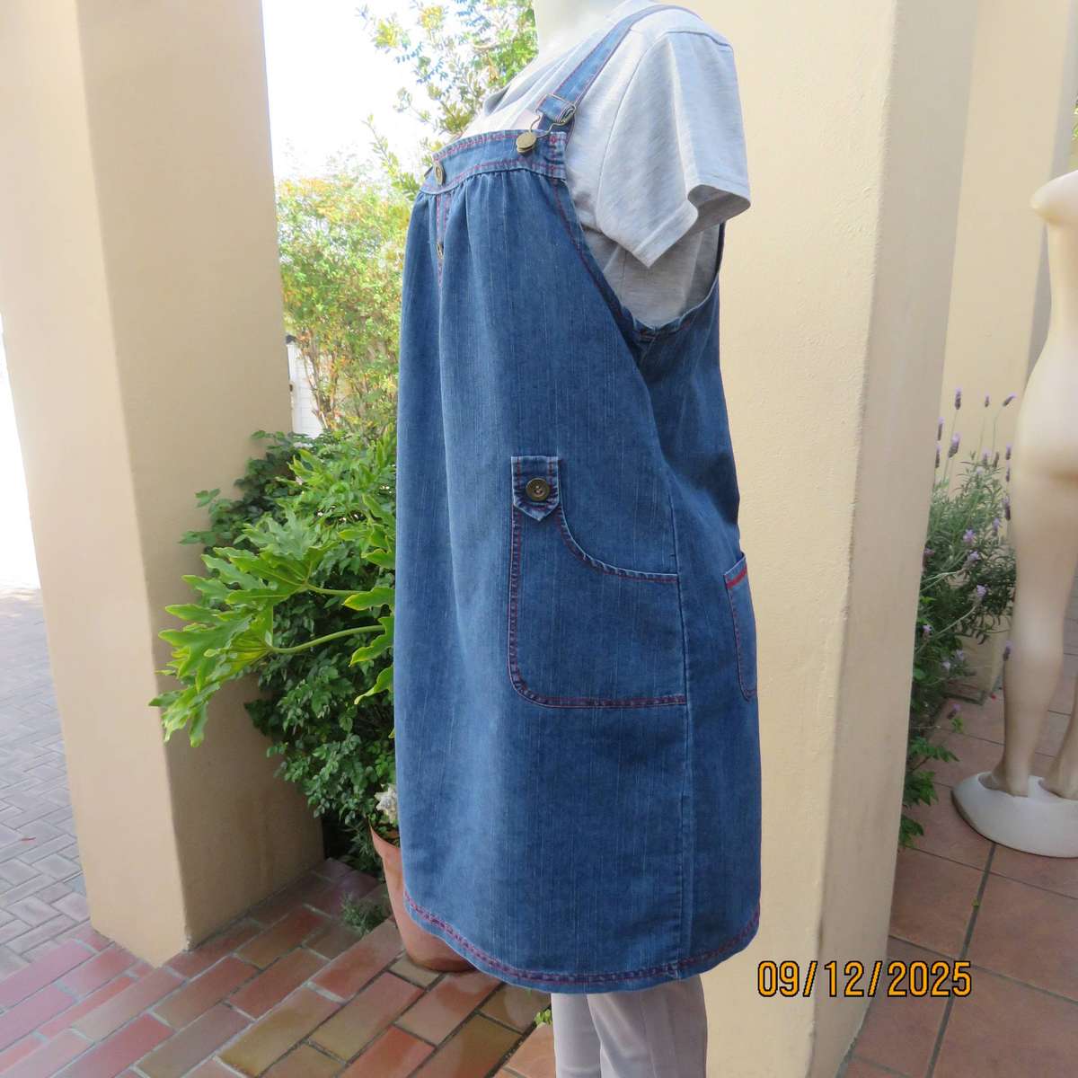 Blue denim pinafore style long top-short dress. Polycotton. Size 38.
