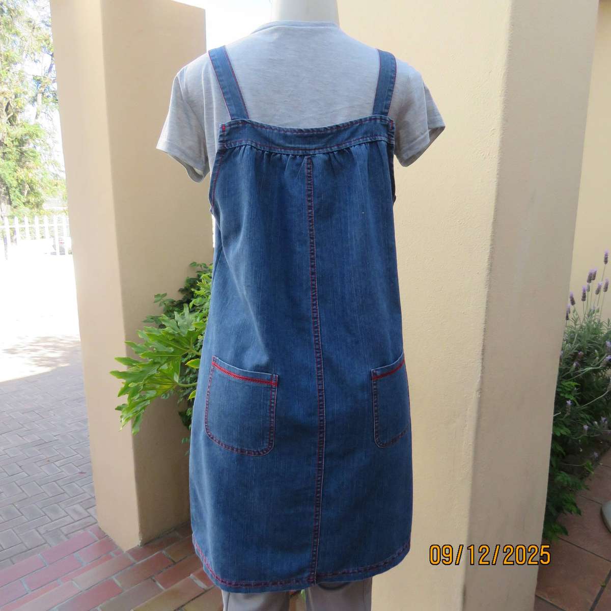 Blue denim pinafore style long top-short dress. Polycotton. Size 38.