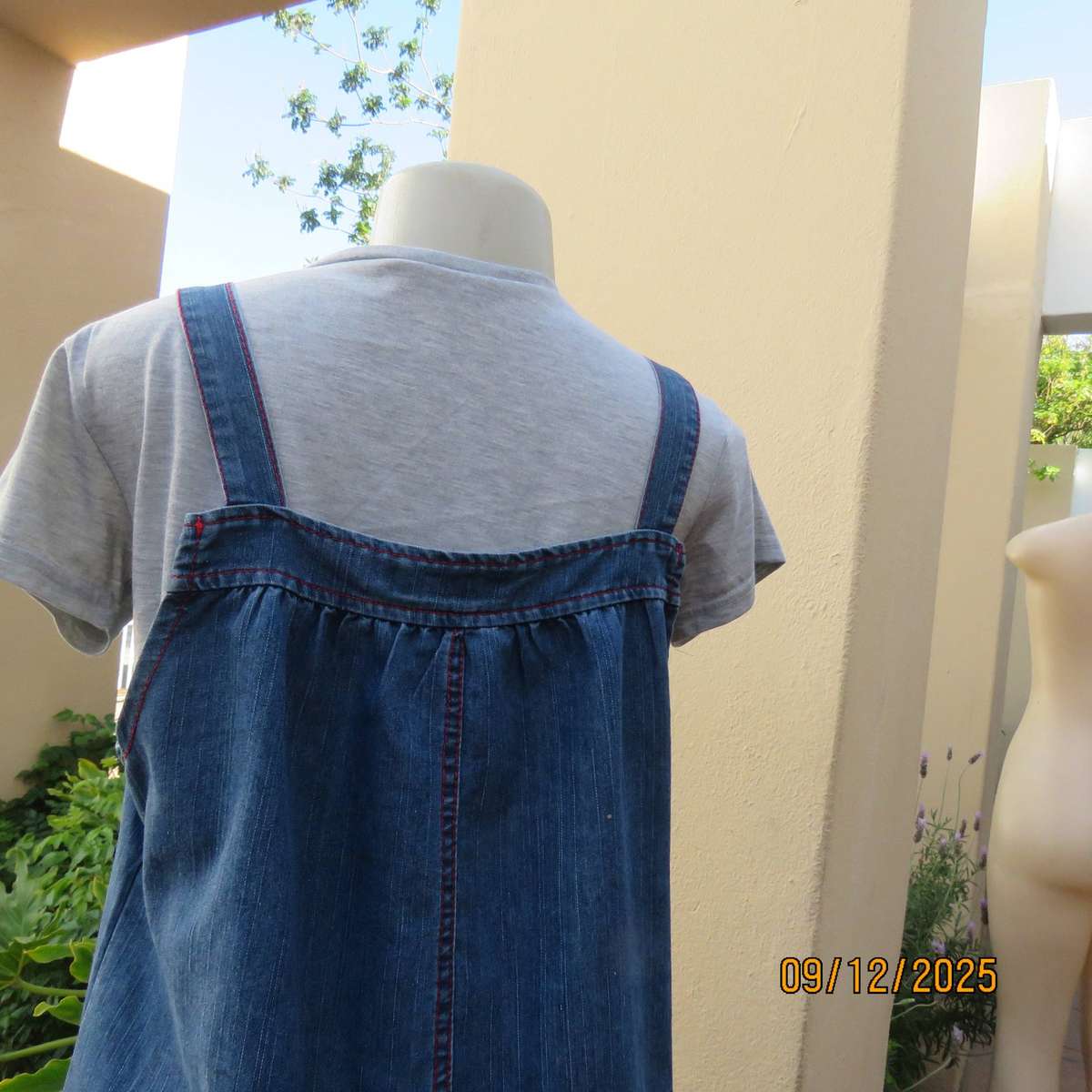 Blue denim pinafore style long top-short dress. Polycotton. Size 38.