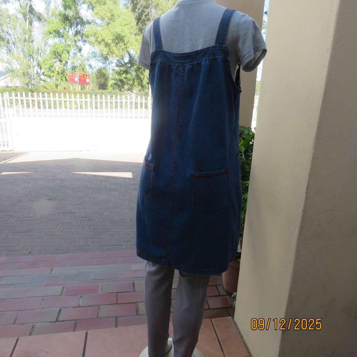 Blue denim pinafore style long top-short dress. Polycotton. Size 38.